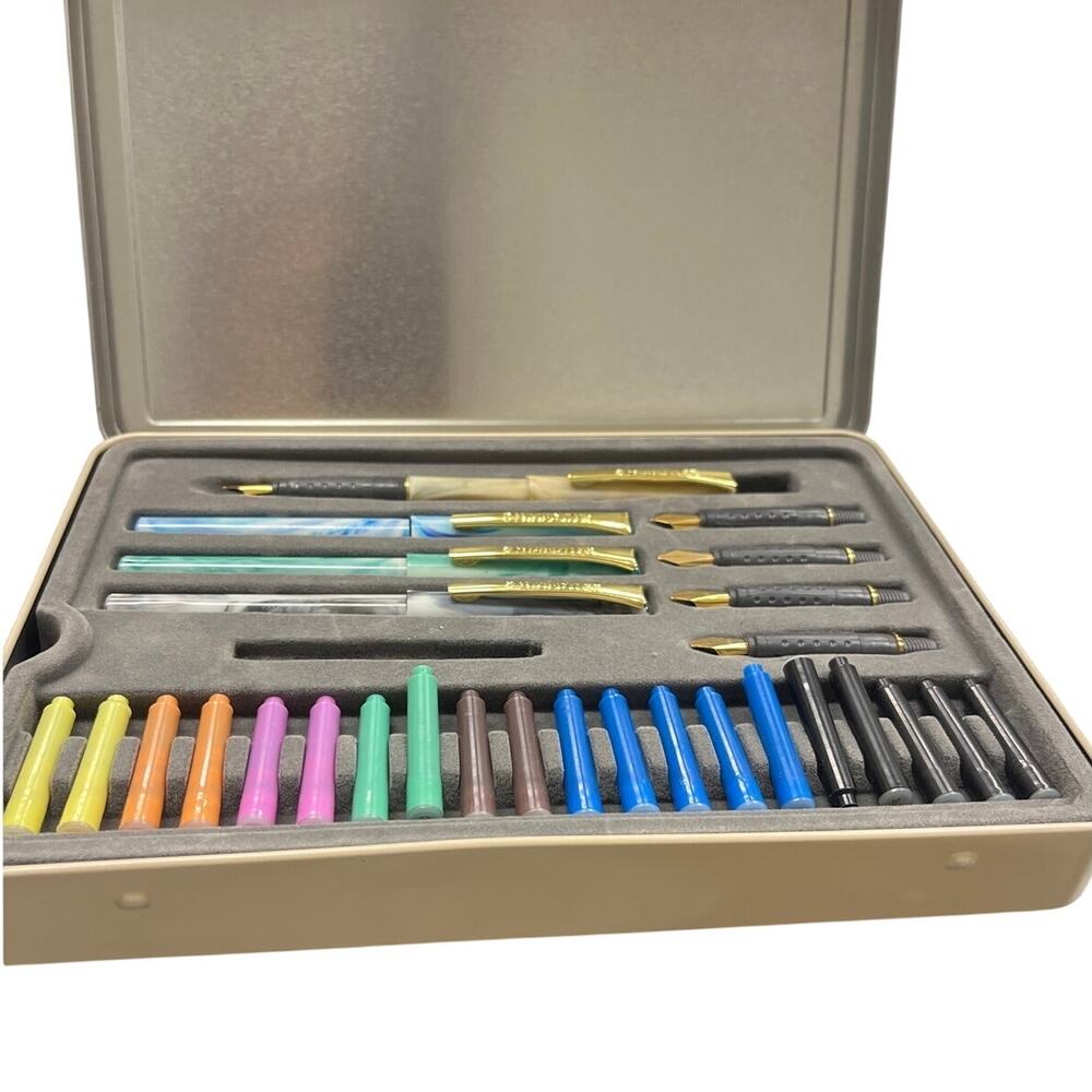Staedtler Calligraphy Set Tin Case Pens Nibs Ink Cartridges Manual